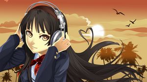 Preview wallpaper girl, brunette, headphones, music, sunset, birds