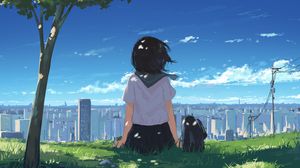 Preview wallpaper girl, grass, city, anime, art, cartoon