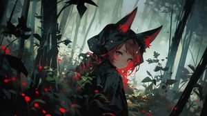 Preview wallpaper girl, hood, ears, forest, flowers, dark, anime